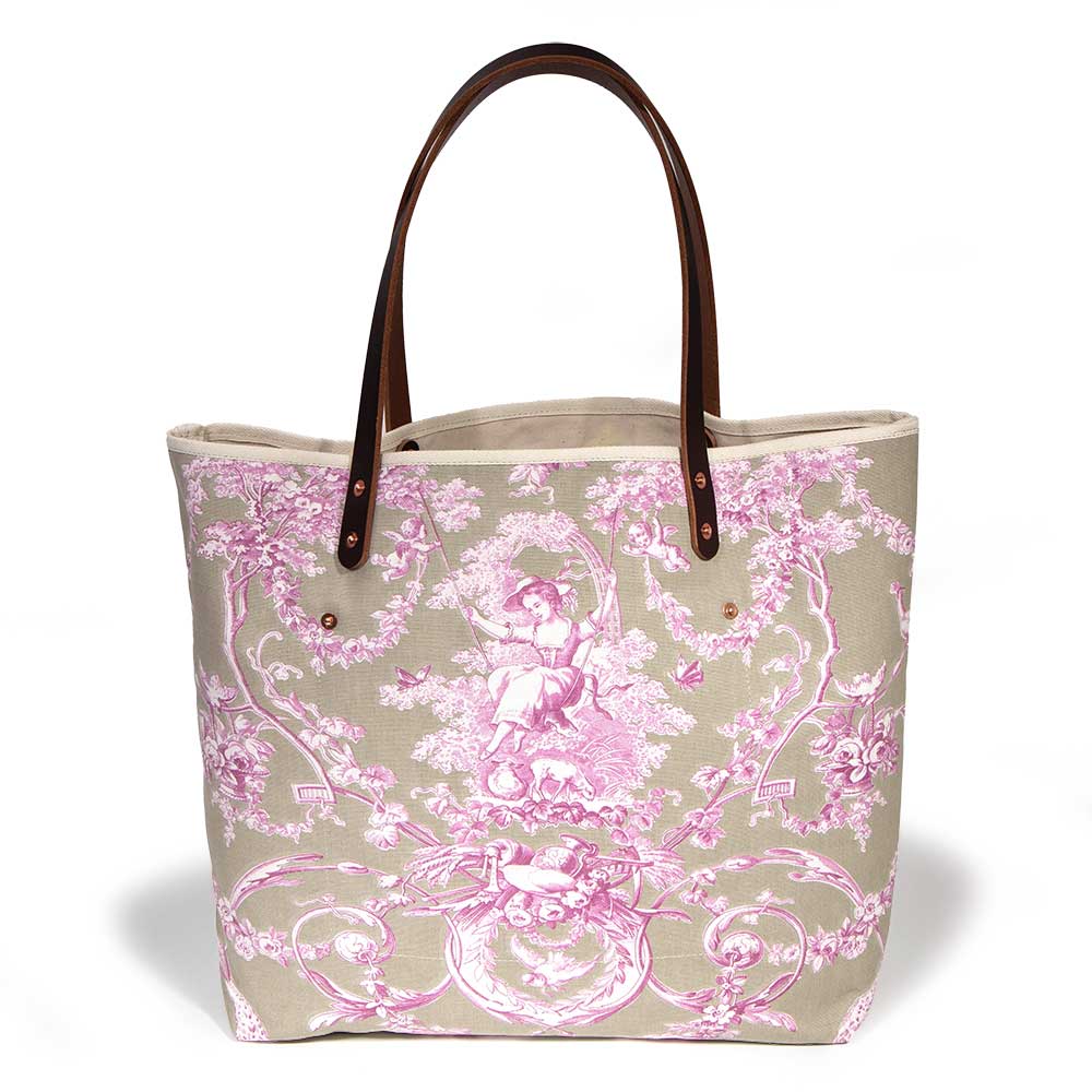 Sand and pink toile tote with brown leather handles