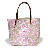 Sand and pink toile tote with brown leather handles