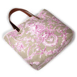 Sand and pink toile tote with brown leather handles