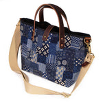 shoulder strap japanese navy patchwork mini tote with brown leather handles