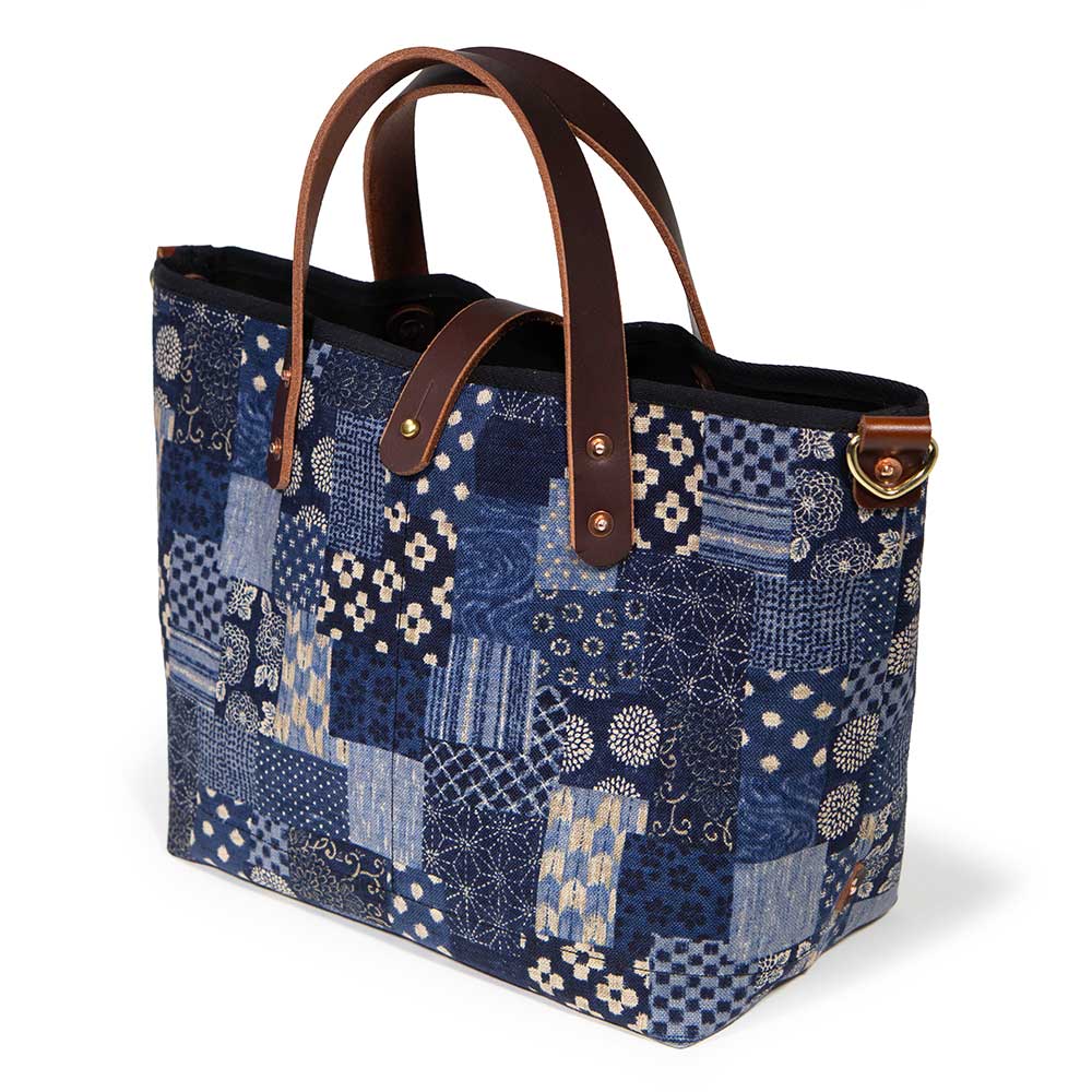 japanese navy patchwork mini tote with brown leather handles