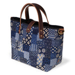 japanese navy patchwork mini tote with brown leather handles