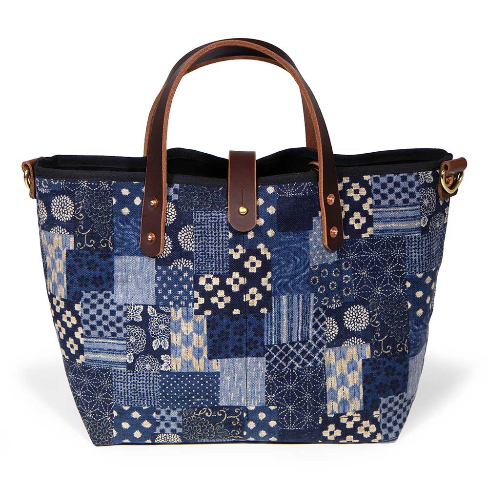japanese navy patchwork mini tote with brown leather handles