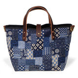 japanese navy patchwork mini tote with brown leather handles