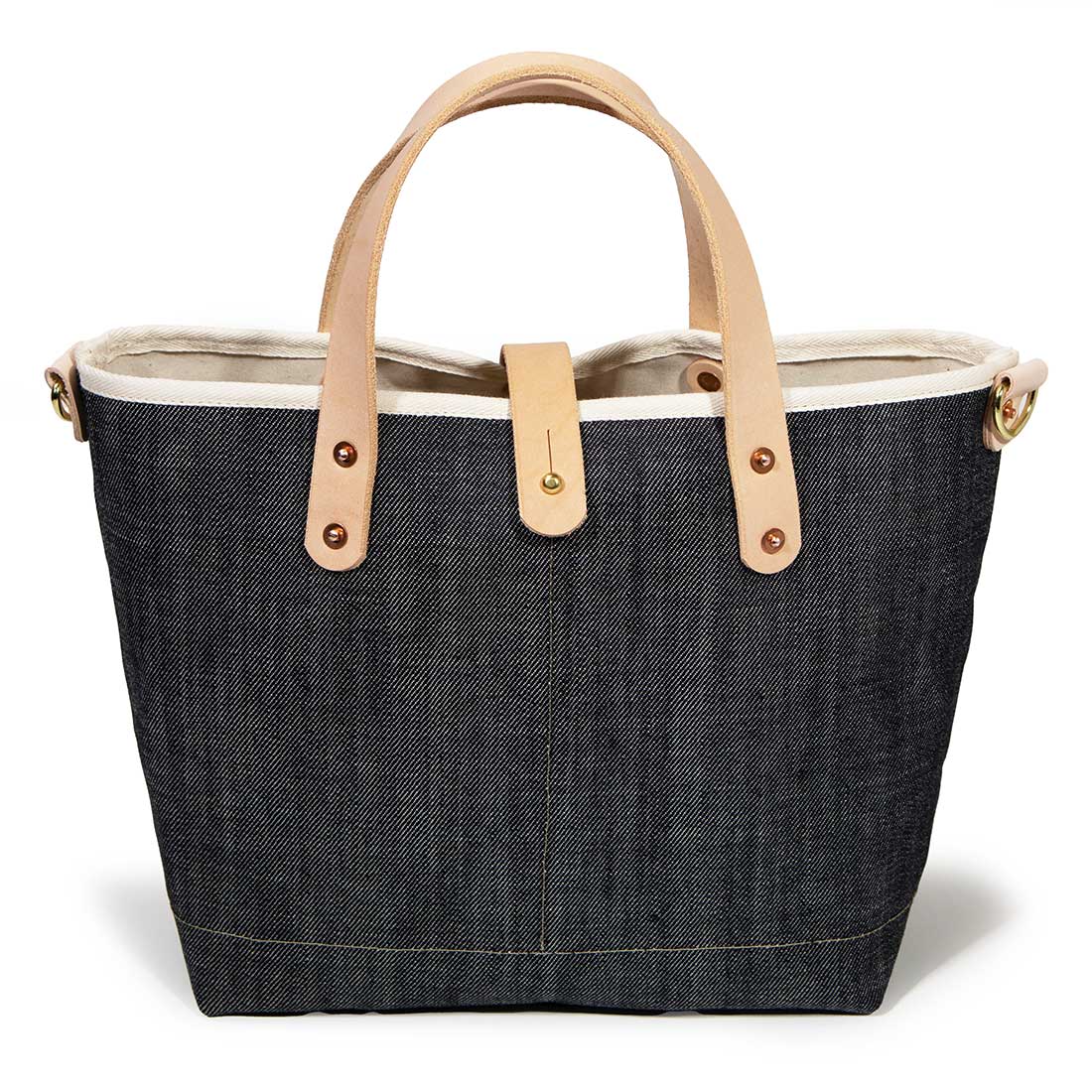 japanese denim mini tote with blonde leather handles