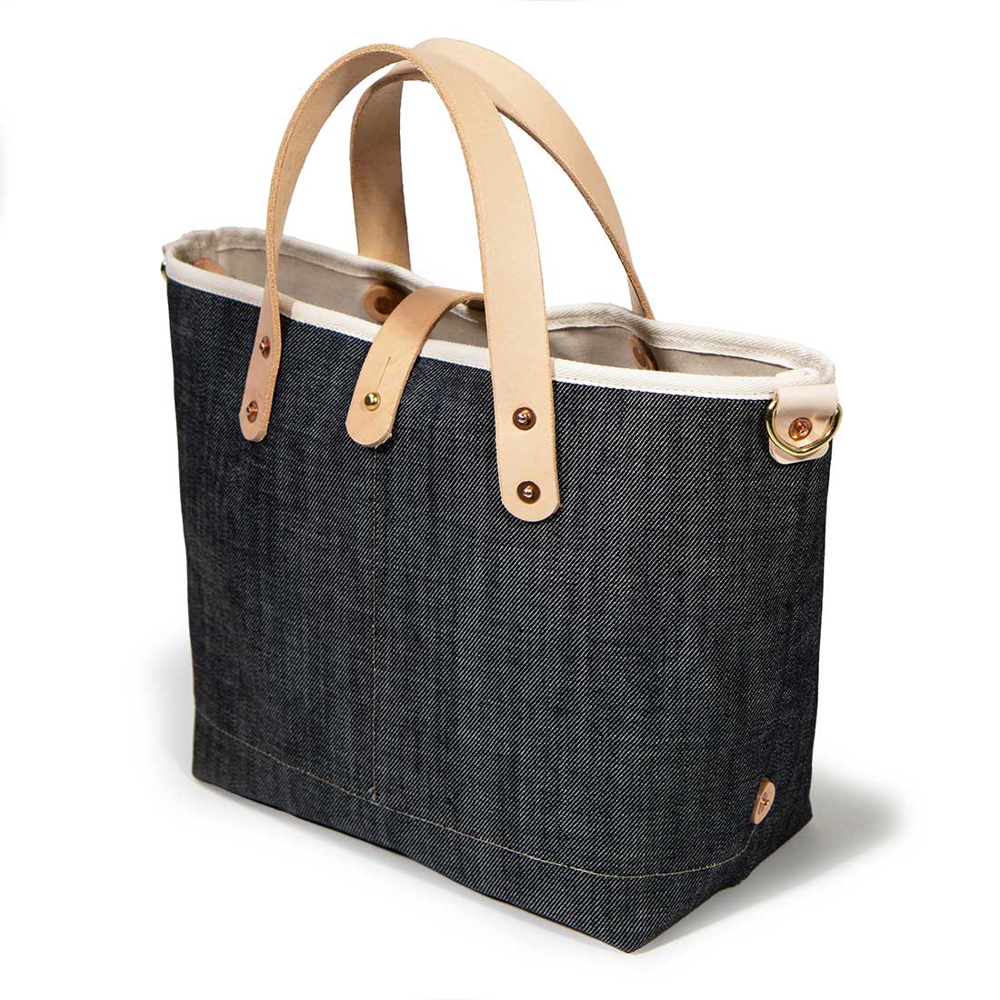 japanese denim mini tote with blonde leather handles