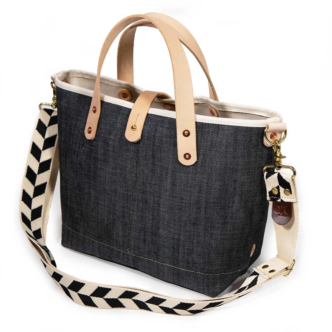 shoulder strap japanese denim mini tote with blonde leather handles