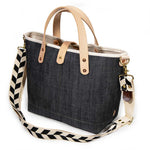 shoulder strap japanese denim mini tote with blonde leather handles