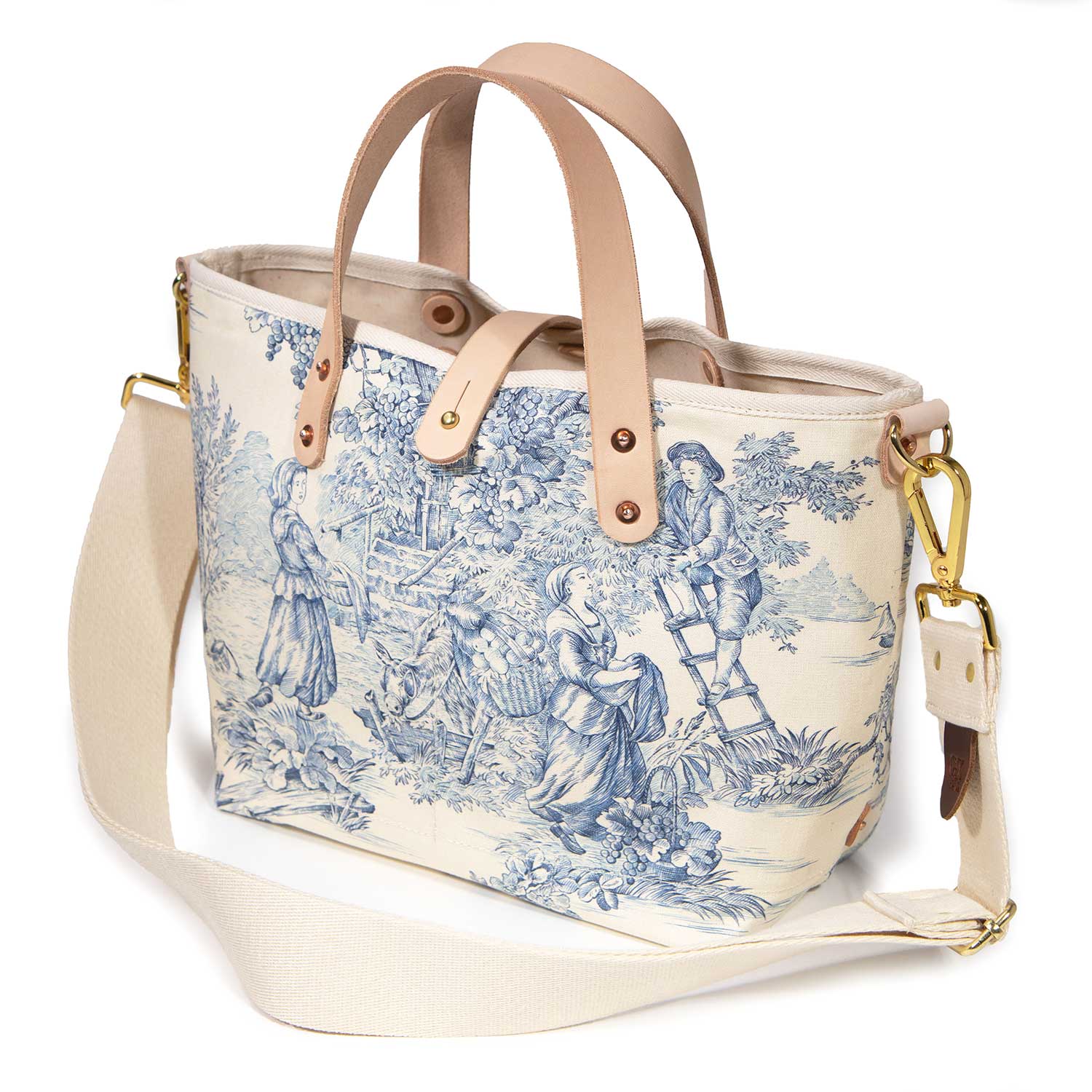shoulder trap blue and white toile mini tote with blonde leather handles