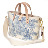 shoulder trap blue and white toile mini tote with blonde leather handles