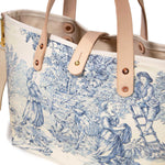 detail blue and white toile mini tote with blonde leather handles