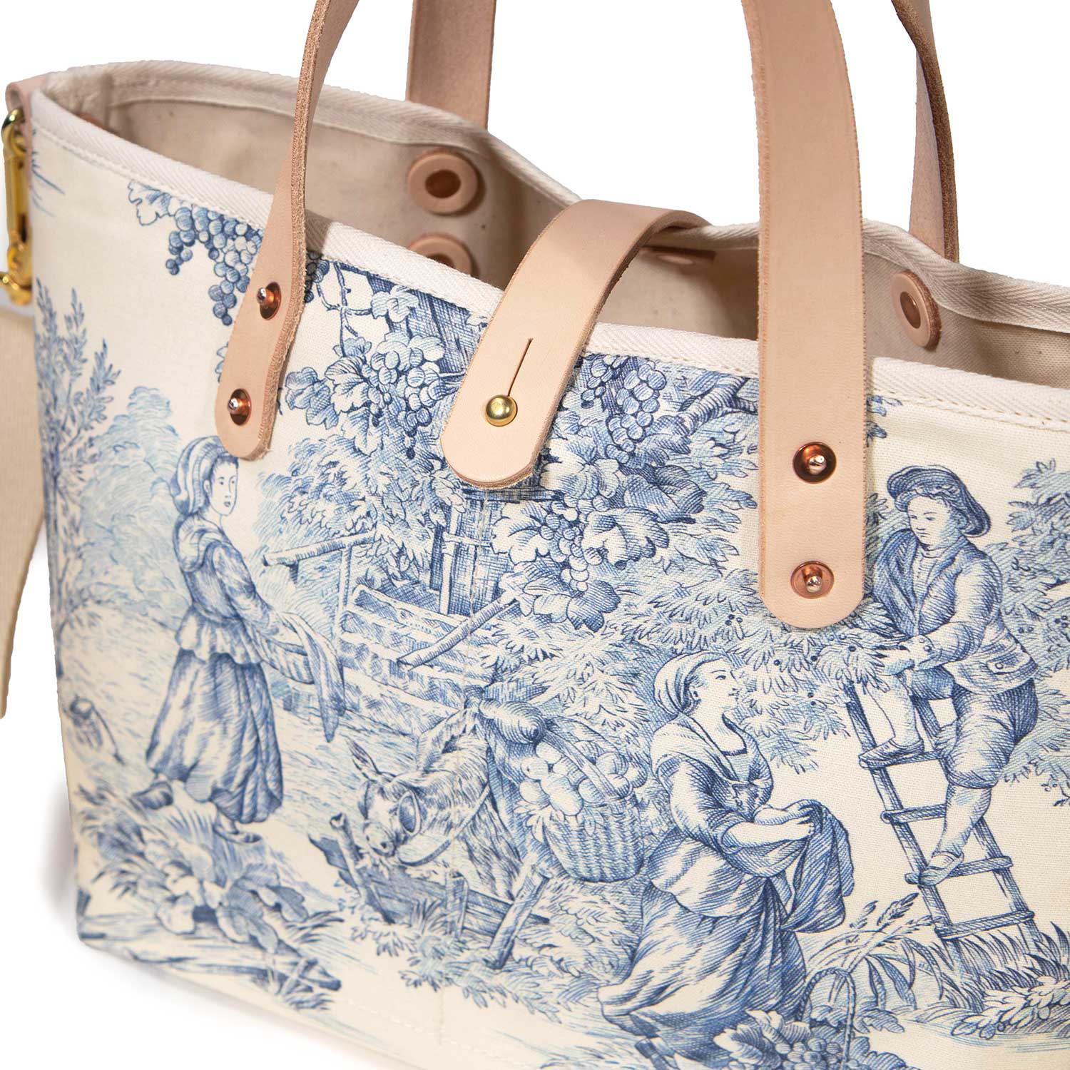 detail blue and white toile mini tote with blonde leather handles