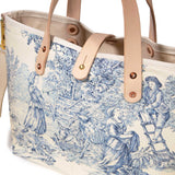 detail blue and white toile mini tote with blonde leather handles