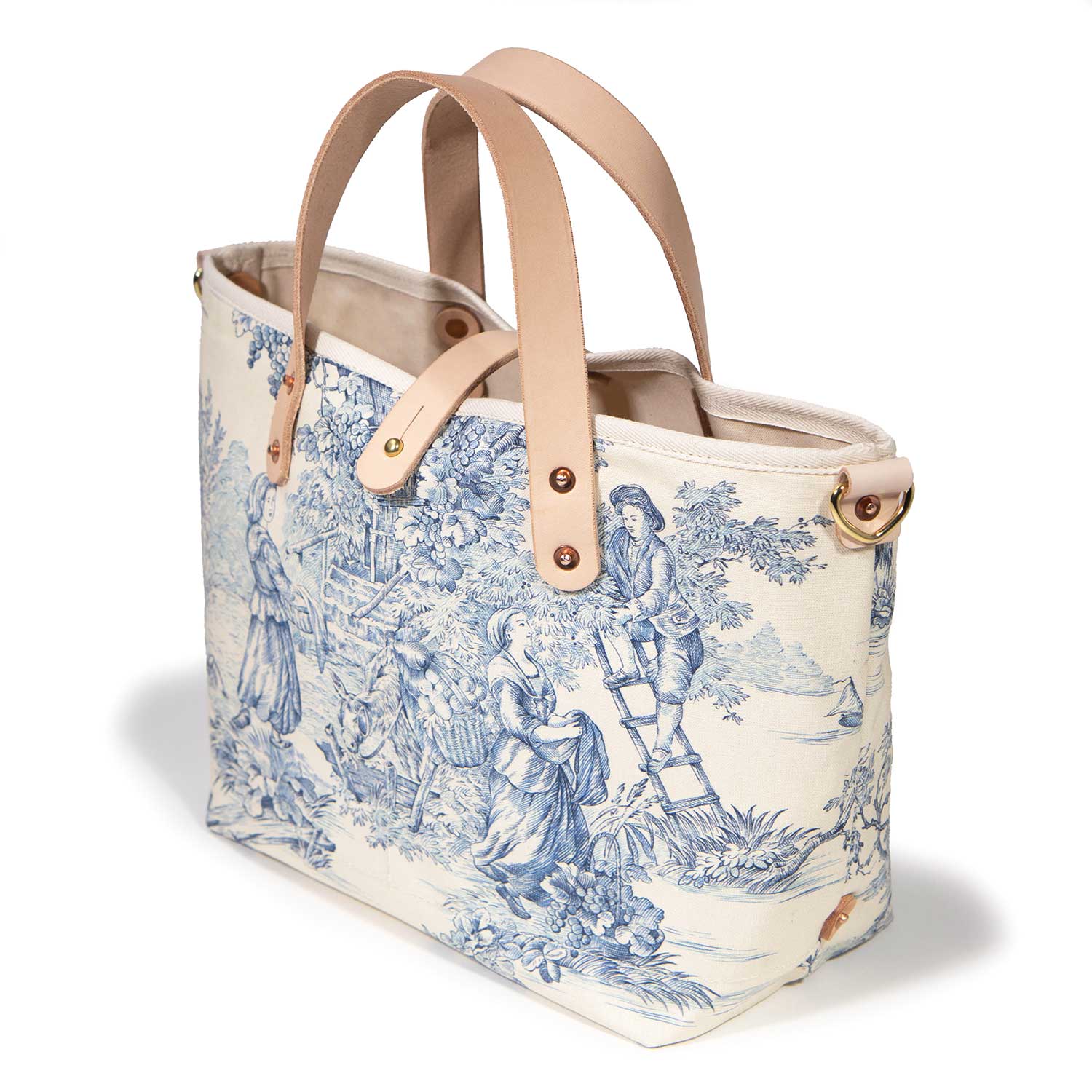 blue and white toile mini tote with blonde leather handles