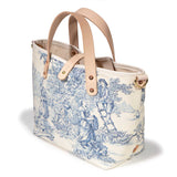 blue and white toile mini tote with blonde leather handles
