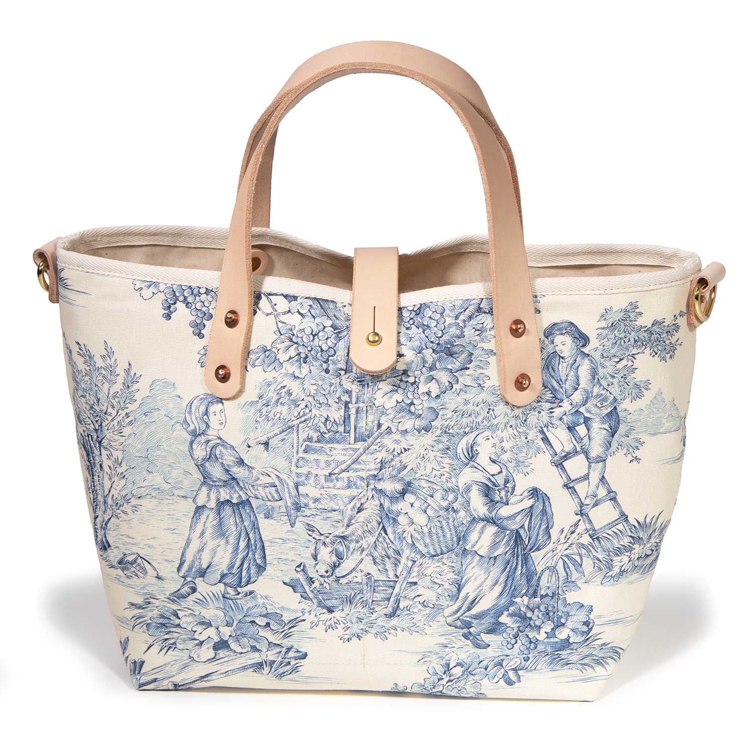 blue and white toile mini tote with blonde leather handles