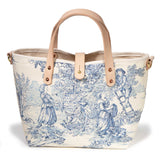 blue and white toile mini tote with blonde leather handles