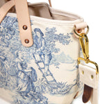 detail shoulder strap blue and white toile mini tote with blonde leather handles