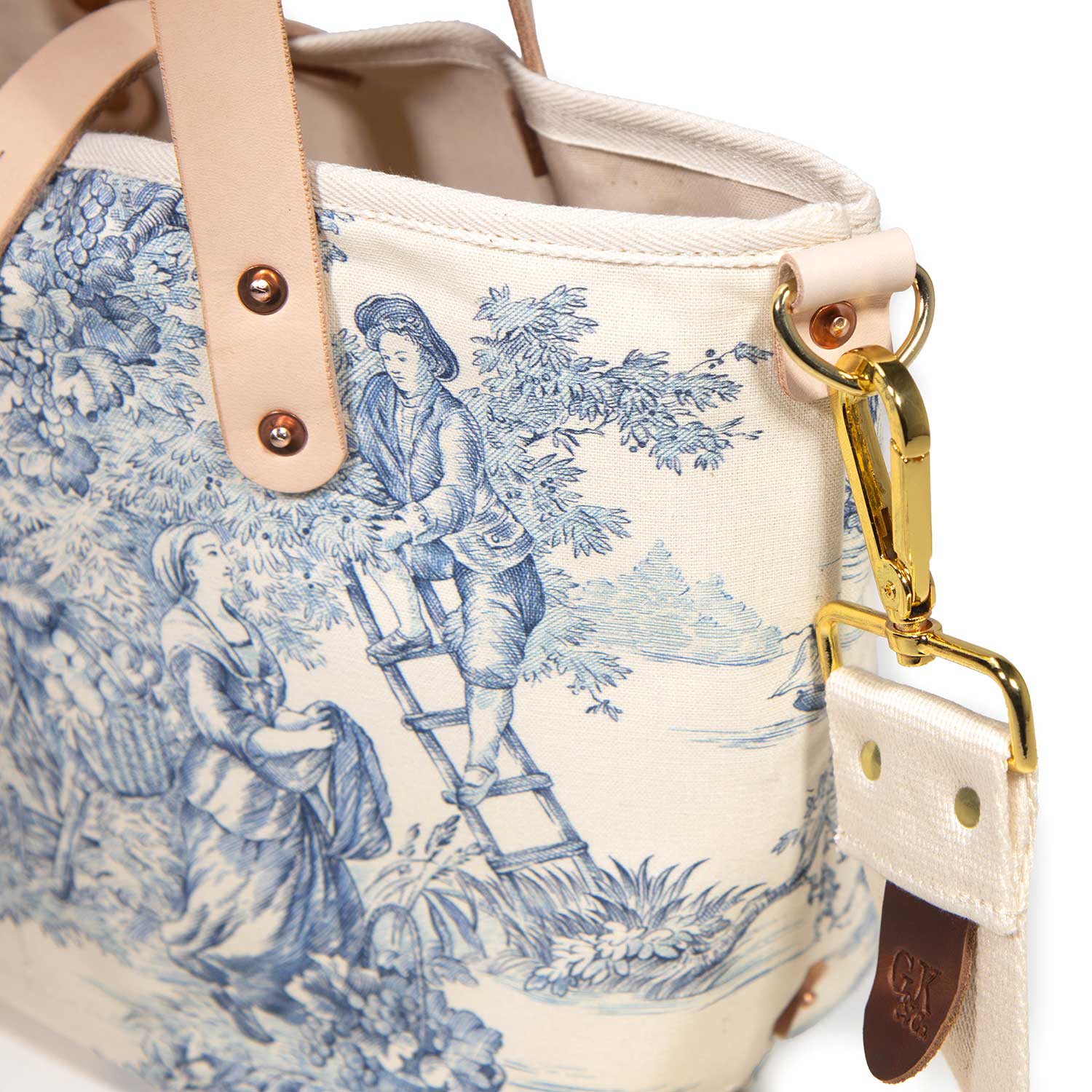 detail shoulder strap blue and white toile mini tote with blonde leather handles