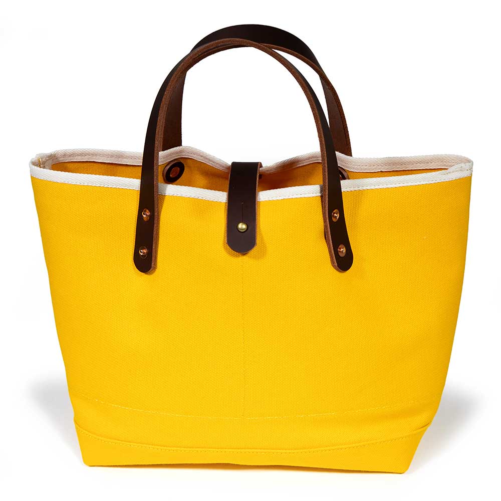 yellow canvas mini tote with brown leather handles