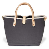 gray canvas mini tote with blonde leather handles