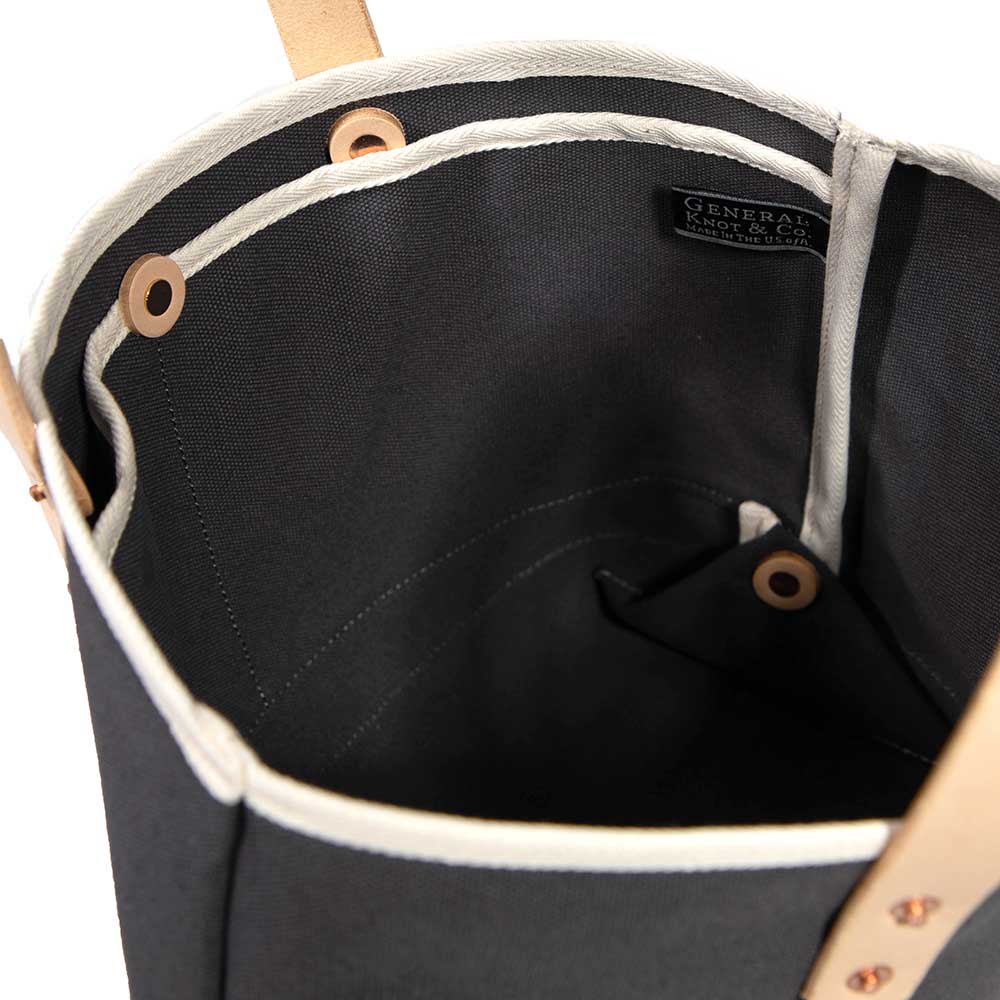 interior gray canvas mini tote with blonde leather handles