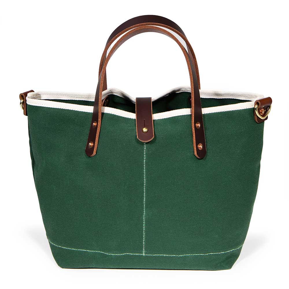 tennis green waxed canvas mini tote with brown leather handles
