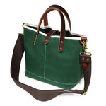 shoulder strap tennis green waxed canvas mini tote with brown leather handles