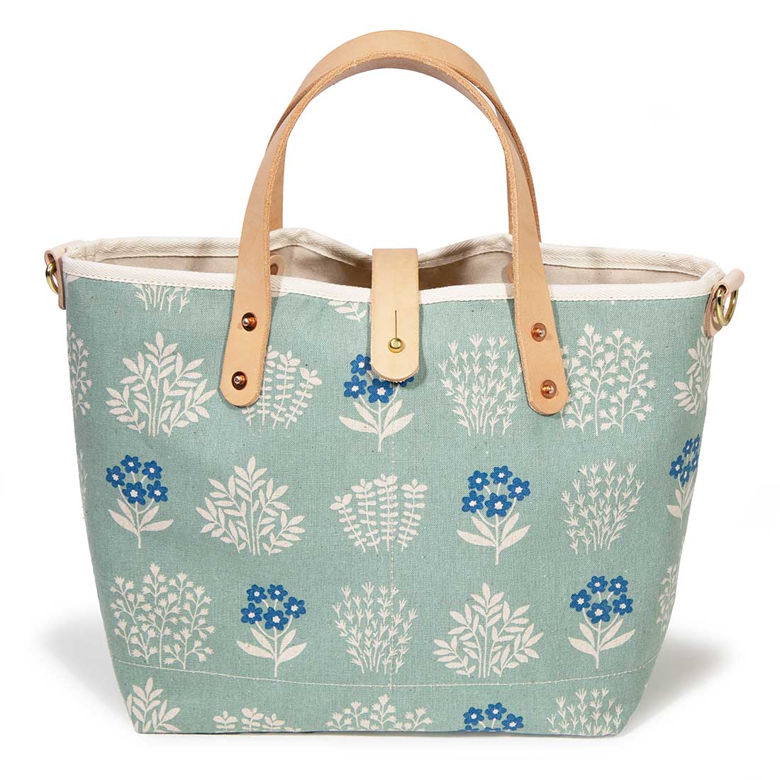 pale green floral print with blonde leather handles