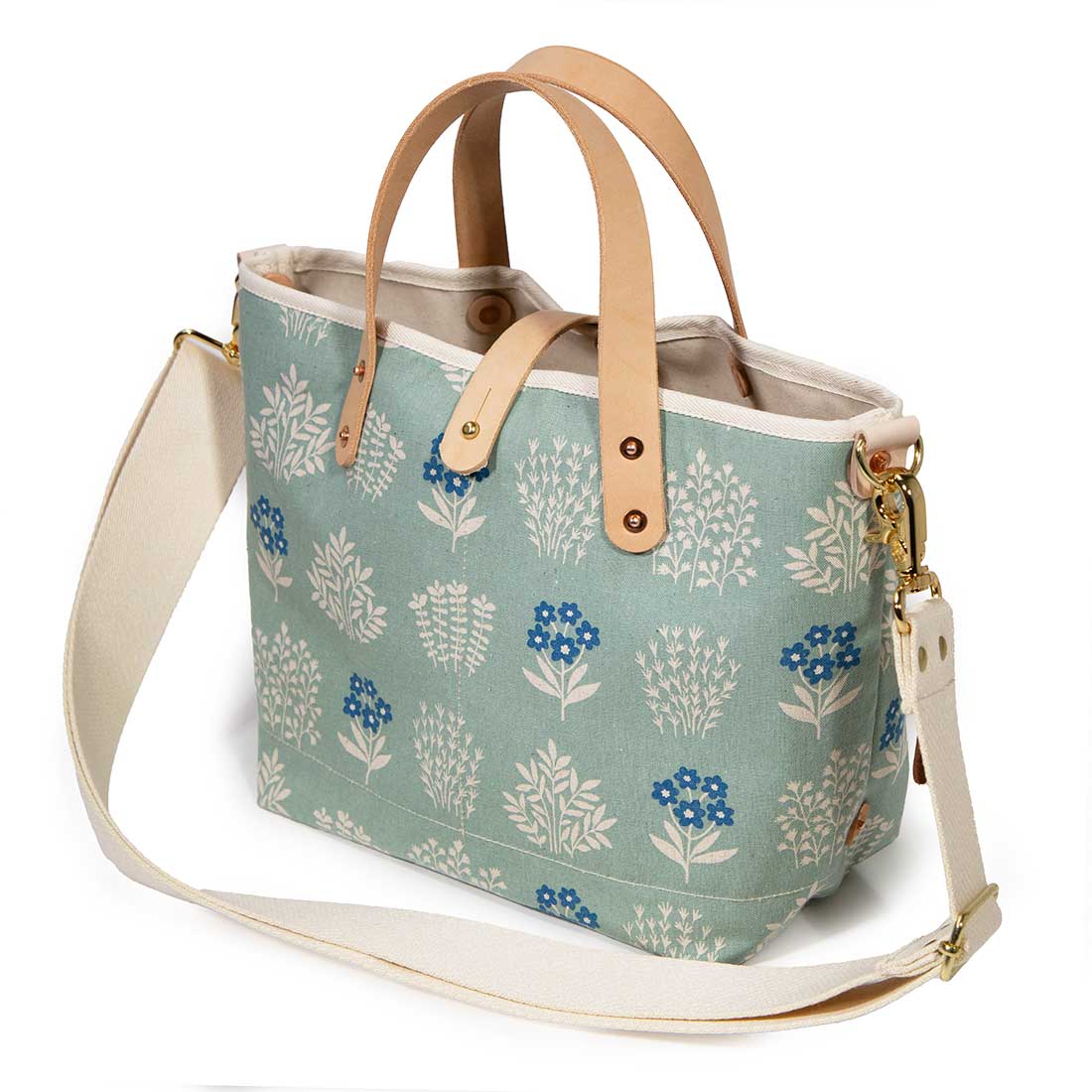 shoulder strap pale green floral print with blonde leather handles