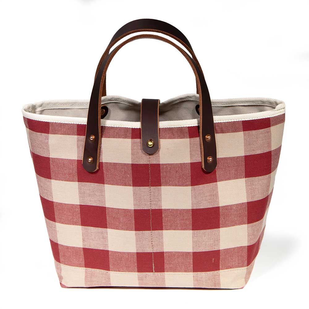 red and white check mini tote with brown leather handles