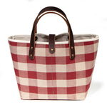 red and white check mini tote with brown leather handles