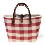 red and white check mini tote with brown leather handles