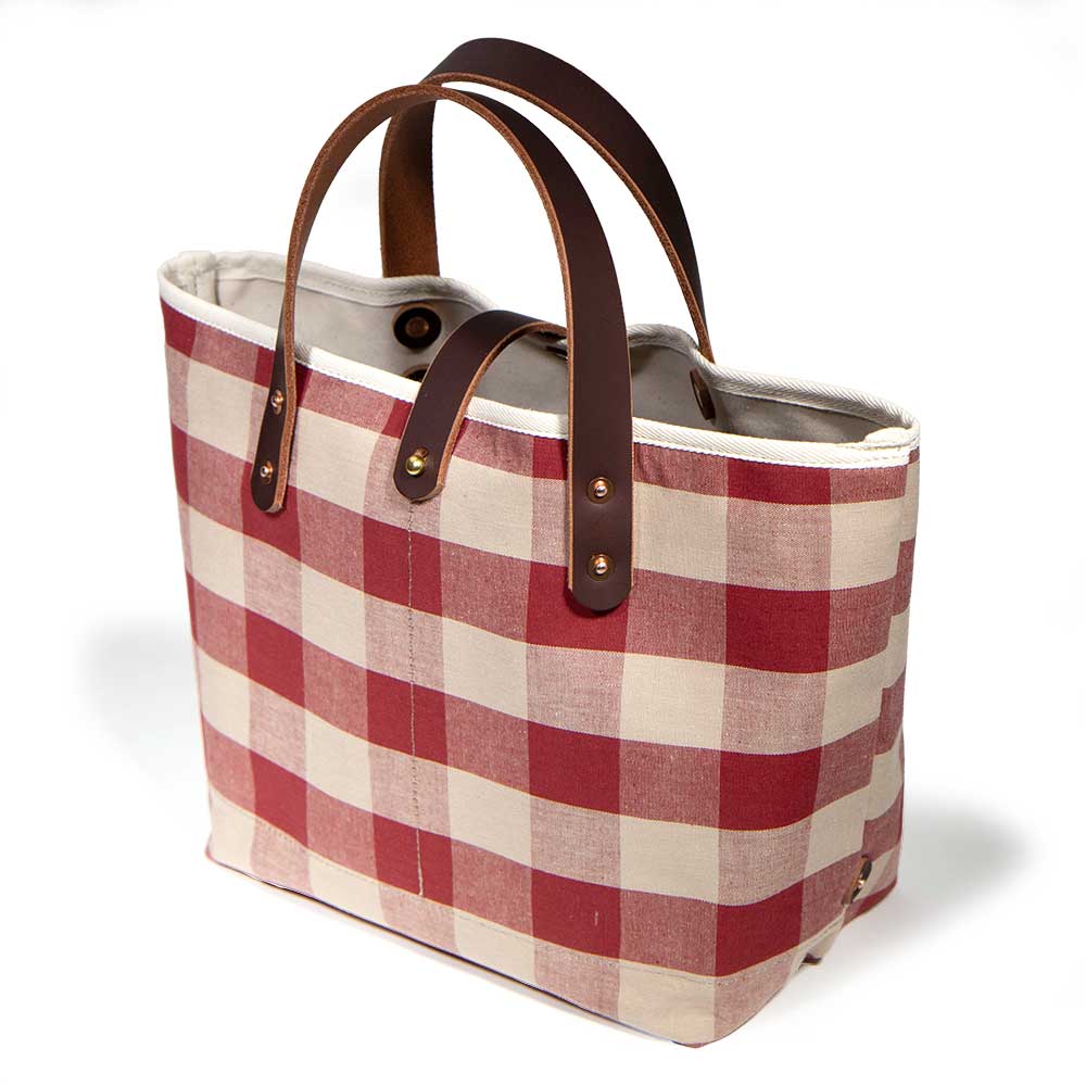 red and white check mini tote with brown leather handles