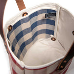 blue interior red and white check mini tote with brown leather handles
