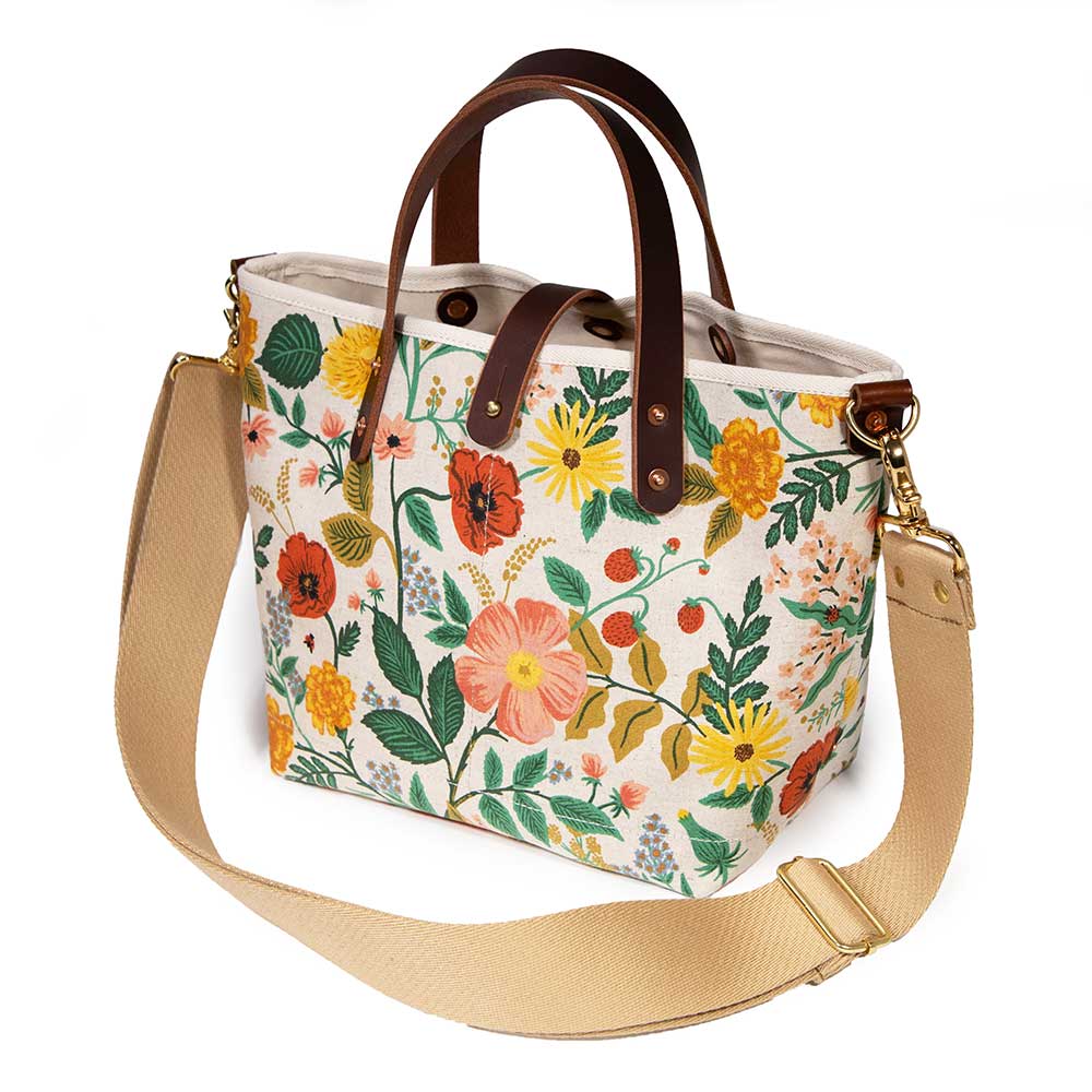 shoulder strap floral print mini tote with brown leather handles