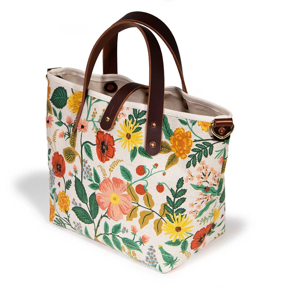 floral print mini tote with brown leather handles