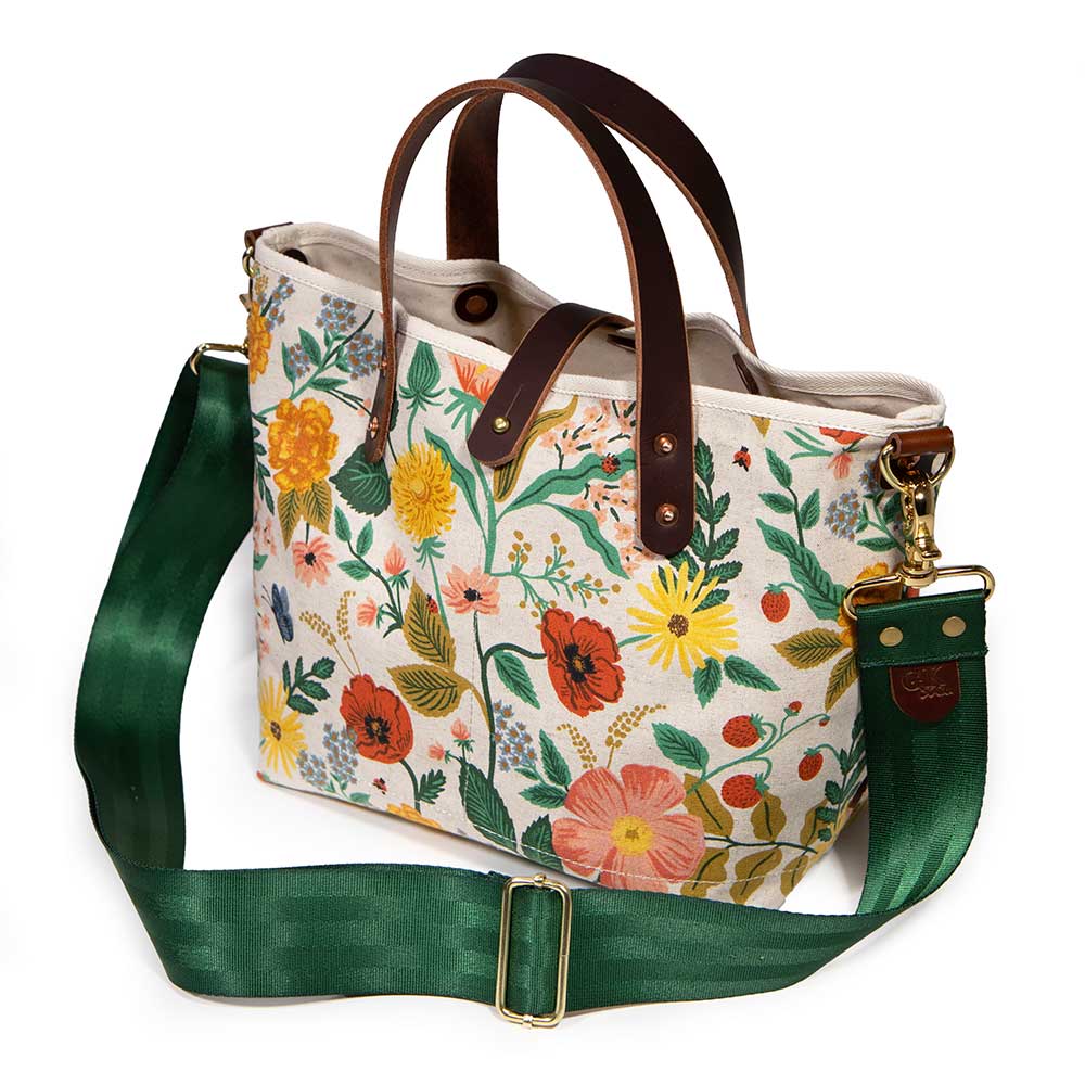 shoulder strap floral print mini tote with brown leather handles