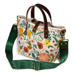 shoulder strap floral print mini tote with brown leather handles