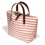 red and white horizontal stripe linen mini tote with brown leather handles