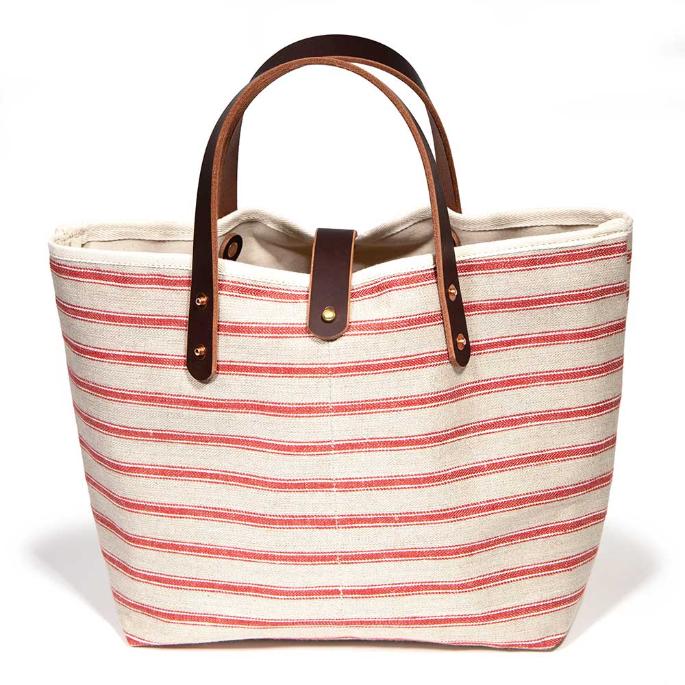 red and white horizontal stripe linen mini tote with brown leather handles