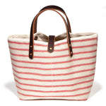 red and white horizontal stripe linen mini tote with brown leather handles