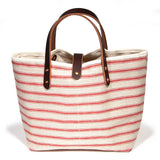 red and white horizontal stripe linen mini tote with brown leather handles