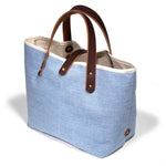 pale blue chambray mini tote with brown leather handles