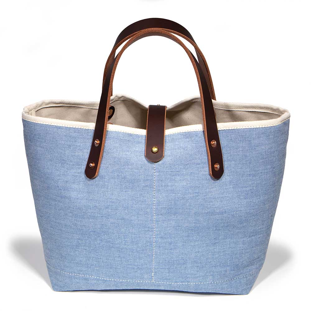 pale blue chambray mini tote with brown leather handles