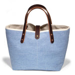 pale blue chambray mini tote with brown leather handles