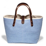 pale blue chambray mini tote with brown leather handles