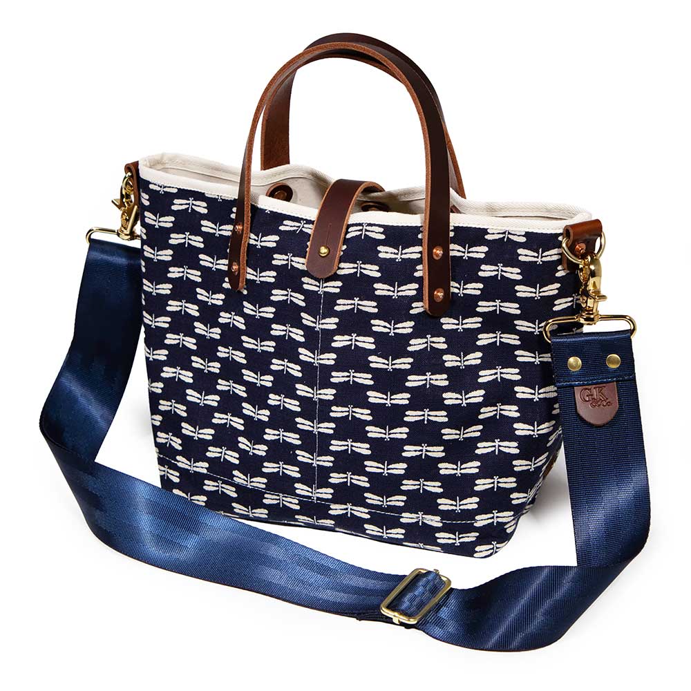 shoulder strap japanese navy and dragonfly print and mini tote with brown leather handles