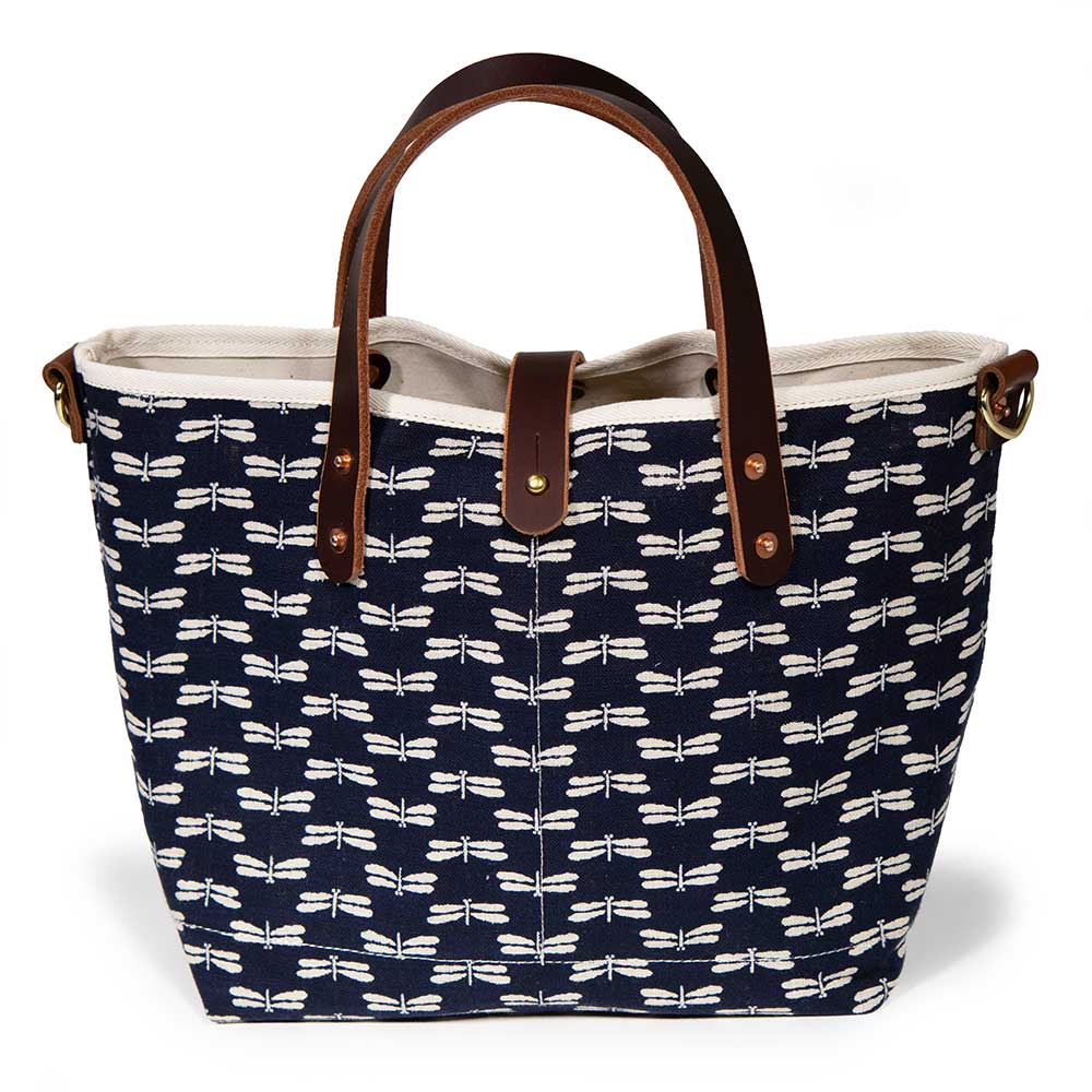 japanese navy and dragonfly print and mini tote with brown leather handles