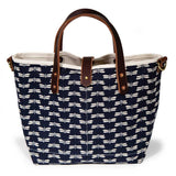 japanese navy and dragonfly print and mini tote with brown leather handles